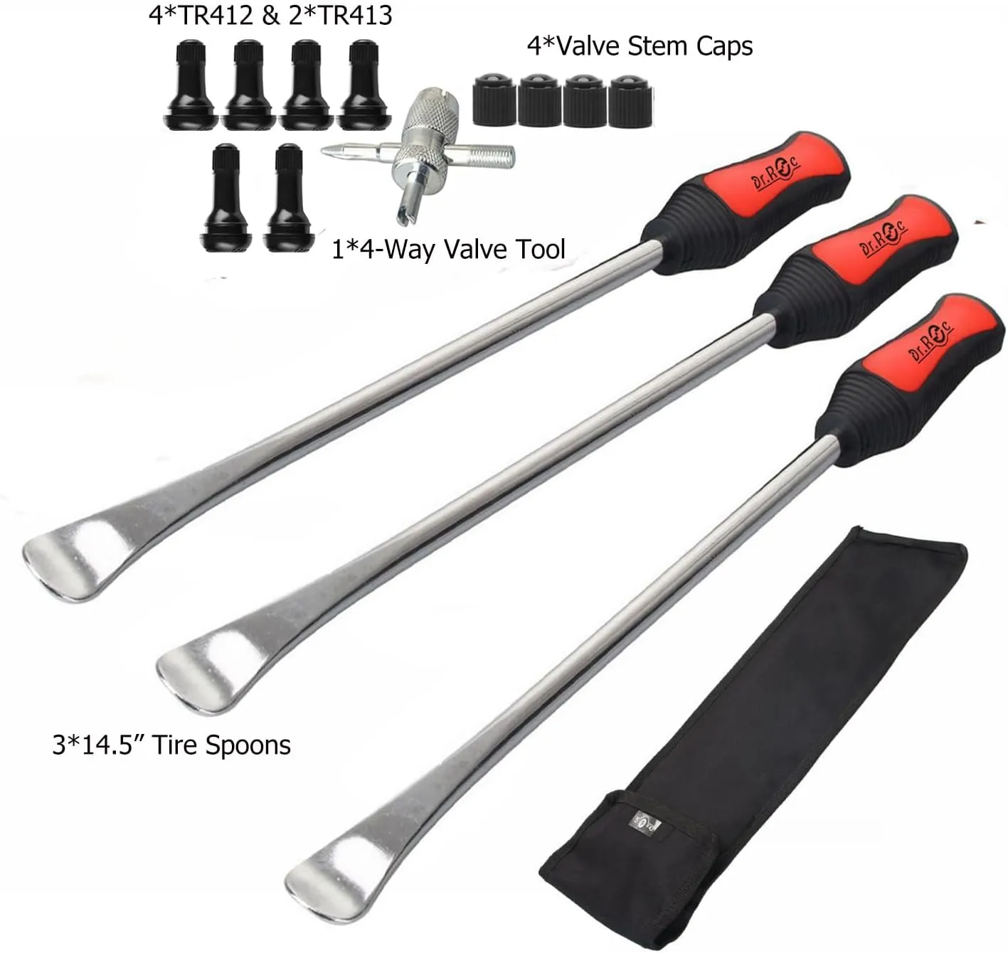 Dr.Roc 14.5 inch Perfect Leverage Tire Spoon Lever Iron Tool Kit Motorcycle Dirt Bike Lawn Mower Professional Tire Changing Tool with Stable Bag 3 PCS Tire Spoons with Tire Valve Stem TR412 TR413