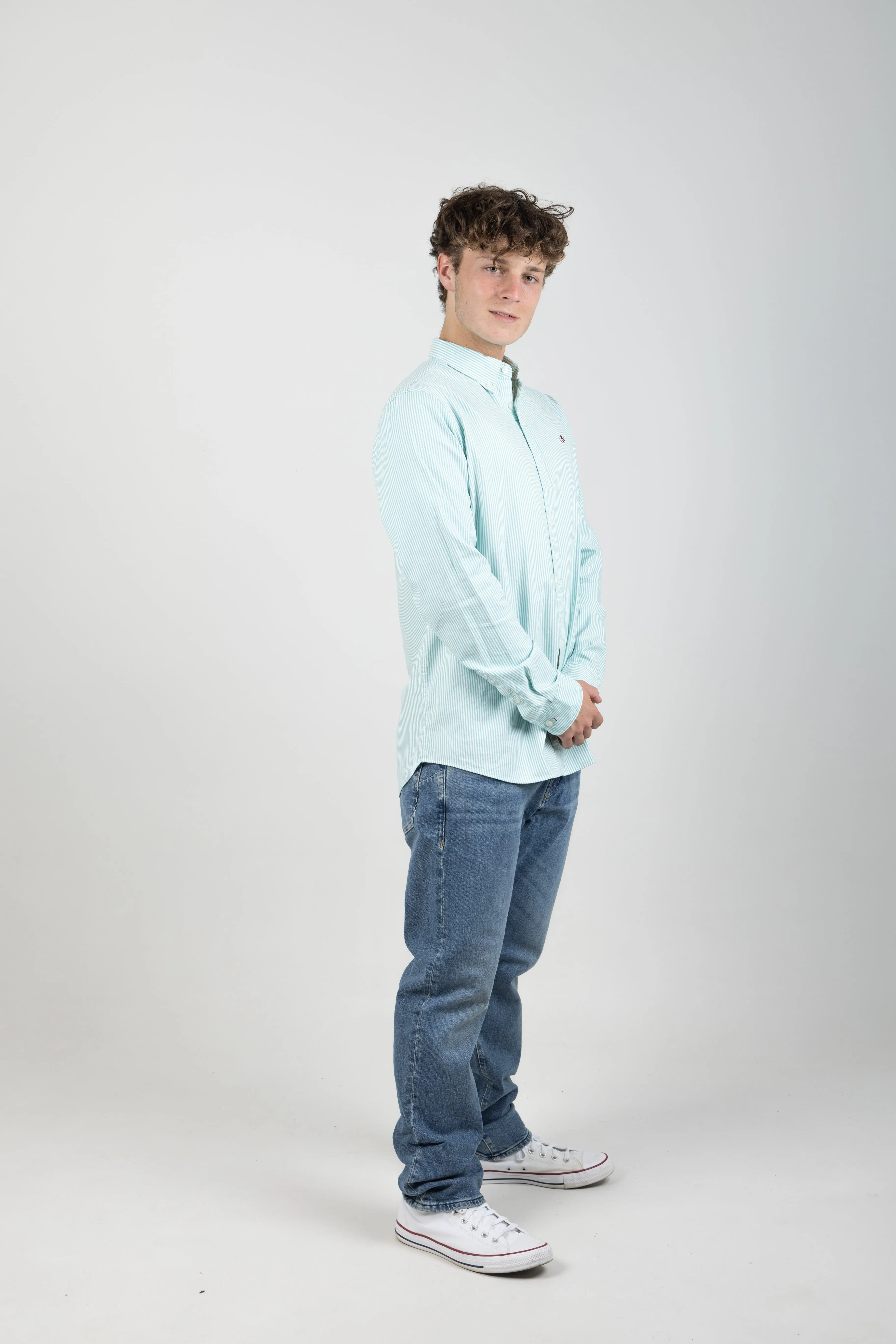 ESSENTIALS ORGANIC OXFORD STRIPE SHIRT SEAFOAM