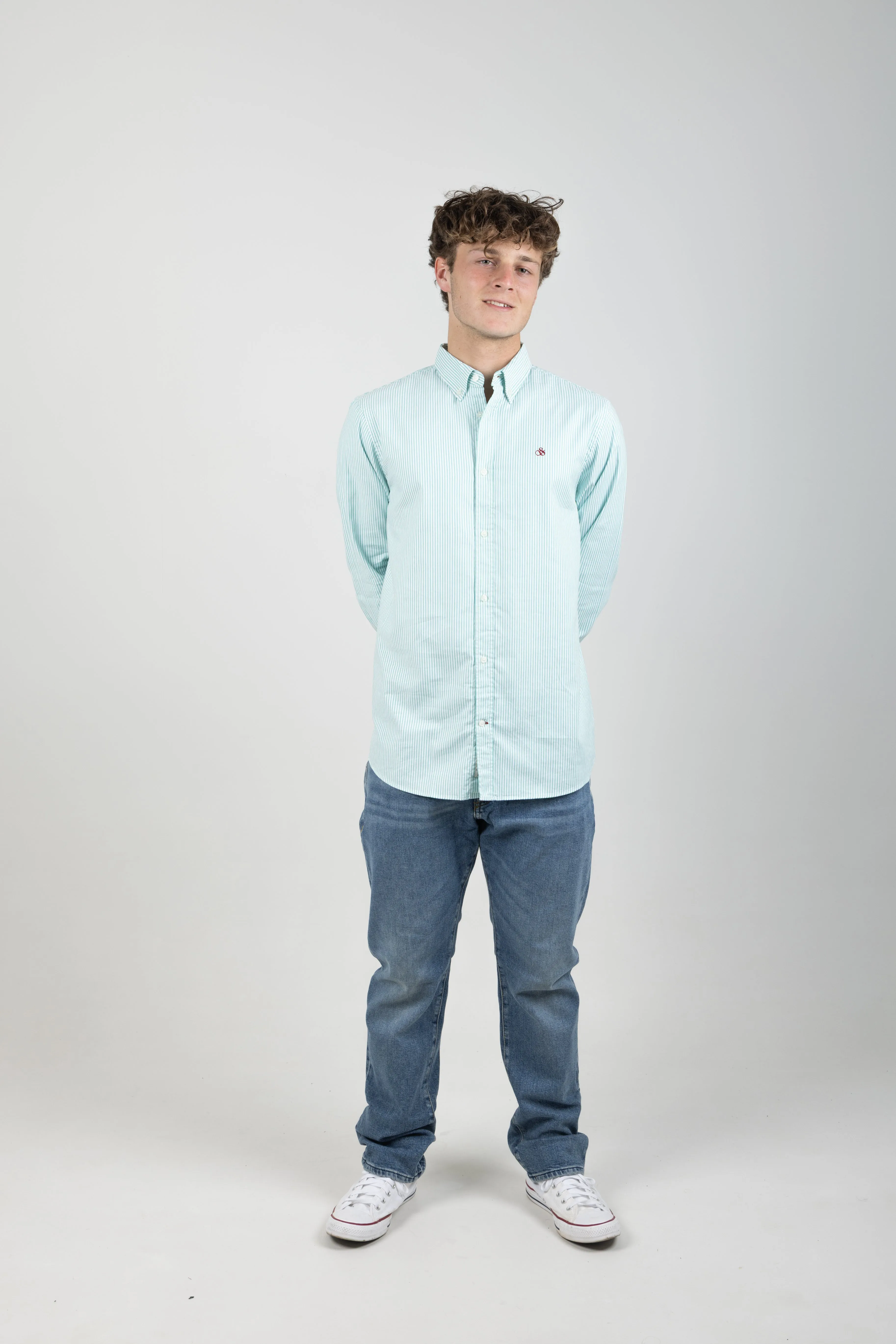 ESSENTIALS ORGANIC OXFORD STRIPE SHIRT SEAFOAM