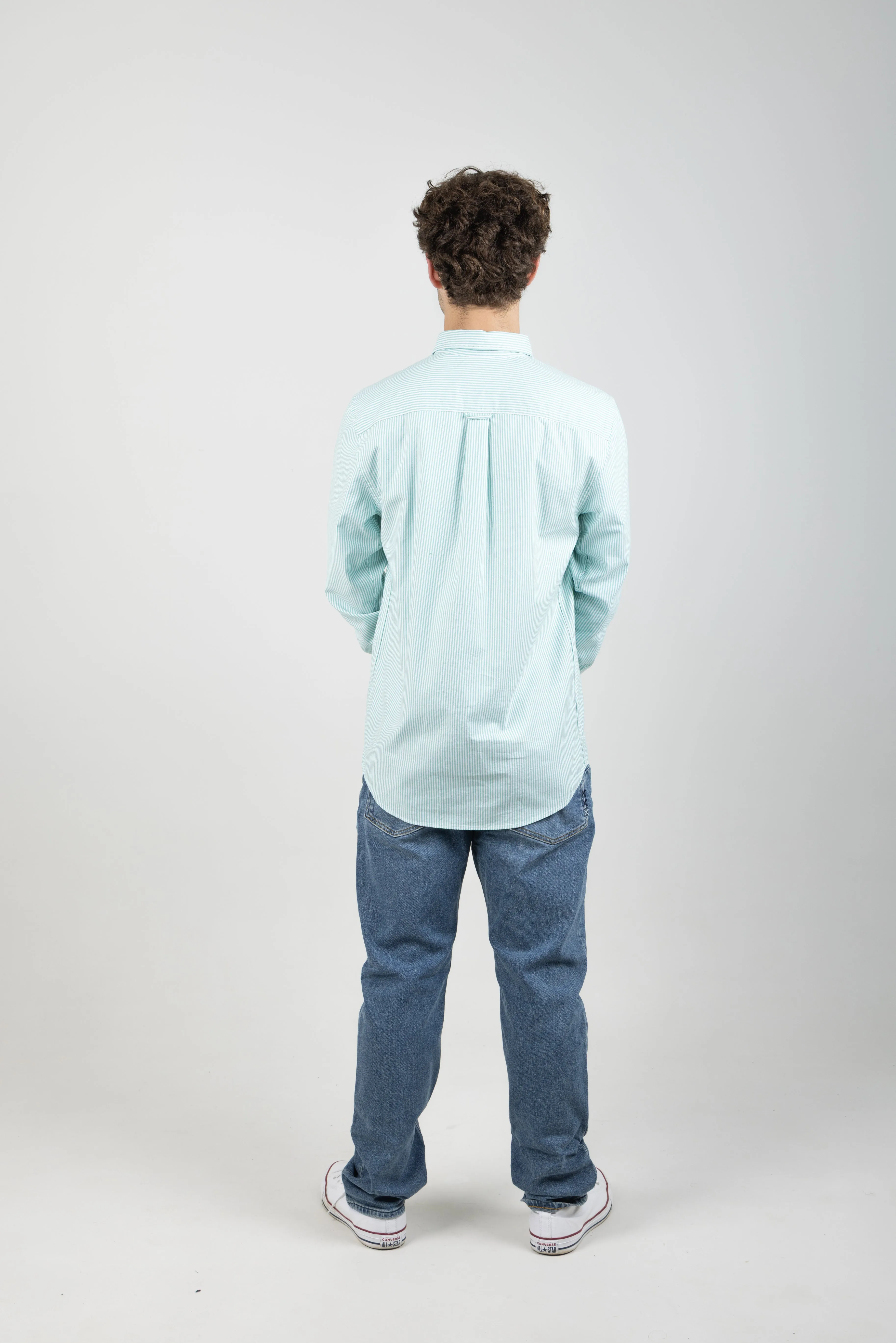 ESSENTIALS ORGANIC OXFORD STRIPE SHIRT SEAFOAM