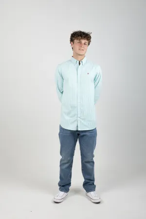 ESSENTIALS ORGANIC OXFORD STRIPE SHIRT SEAFOAM