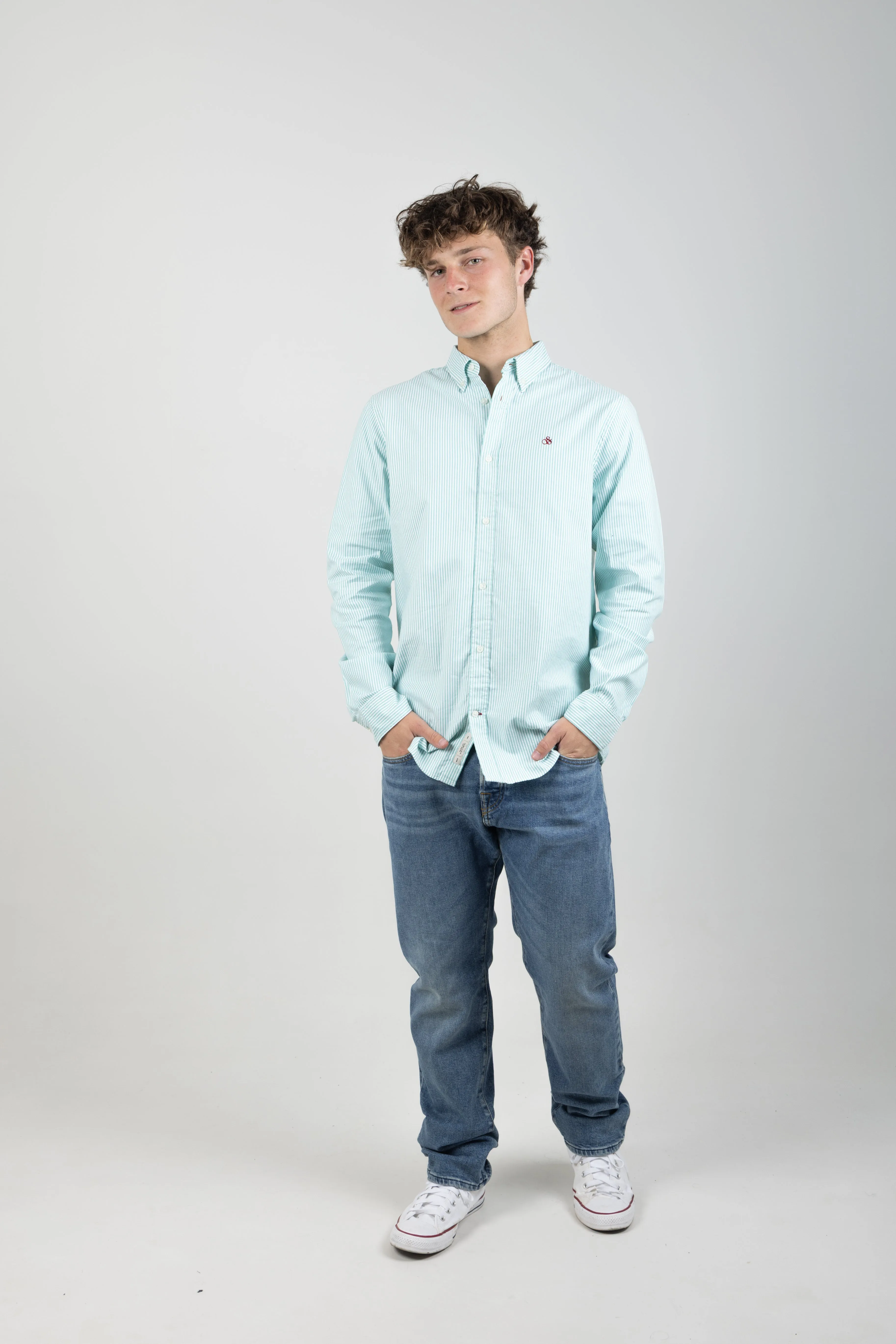 ESSENTIALS ORGANIC OXFORD STRIPE SHIRT SEAFOAM