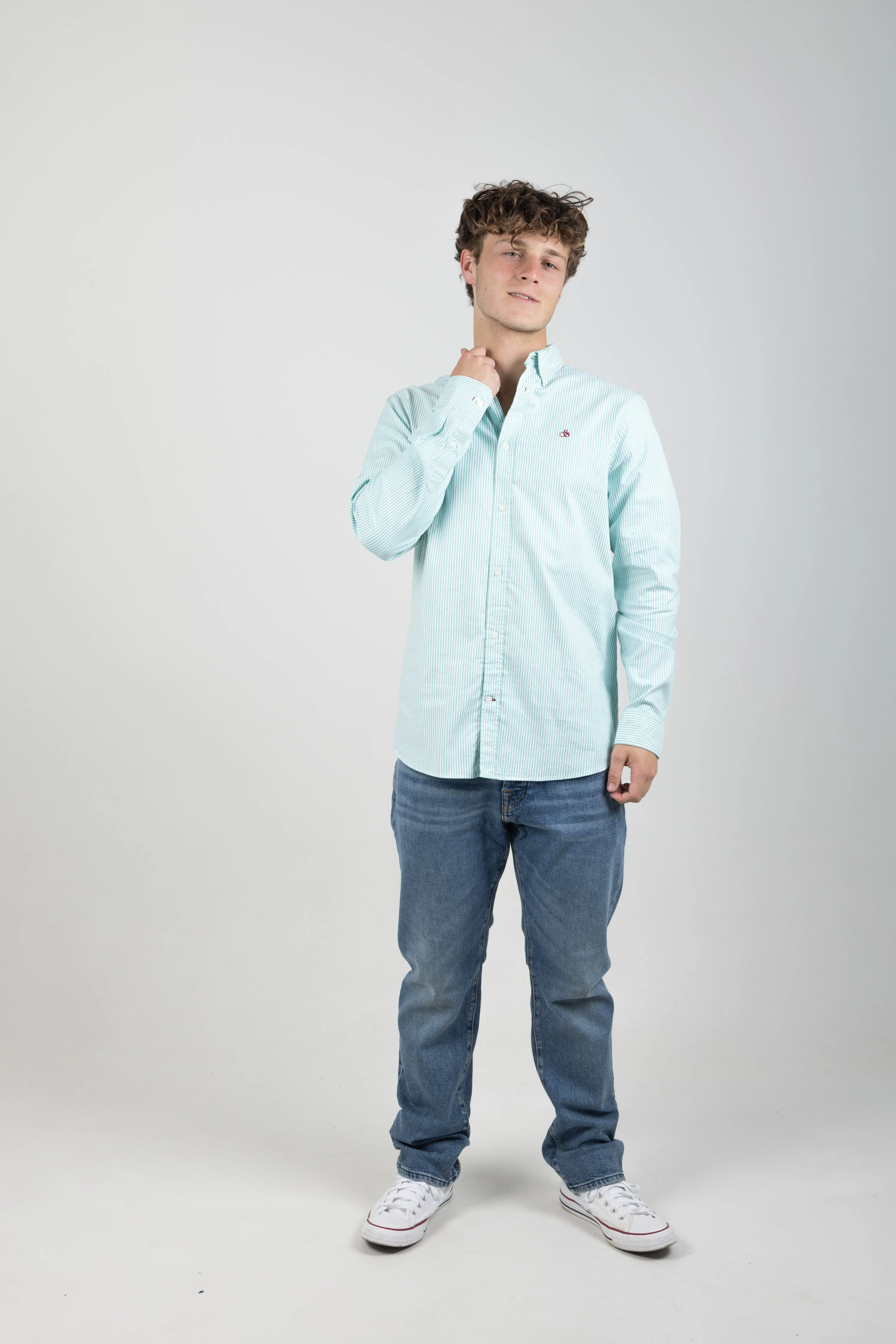 ESSENTIALS ORGANIC OXFORD STRIPE SHIRT SEAFOAM