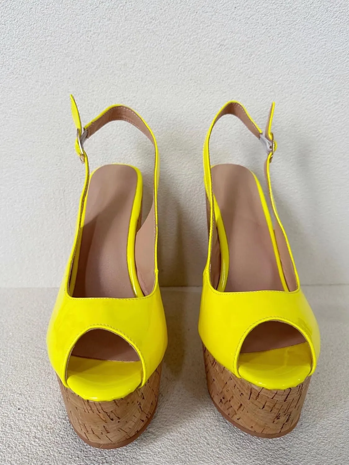 Frankie Hsu Ladies Sexy Platform Wedge Sandals, Yellow Patent Slingback High Heeled Oak, Large Big Size US5-19 Unisex Shoes For Women Men