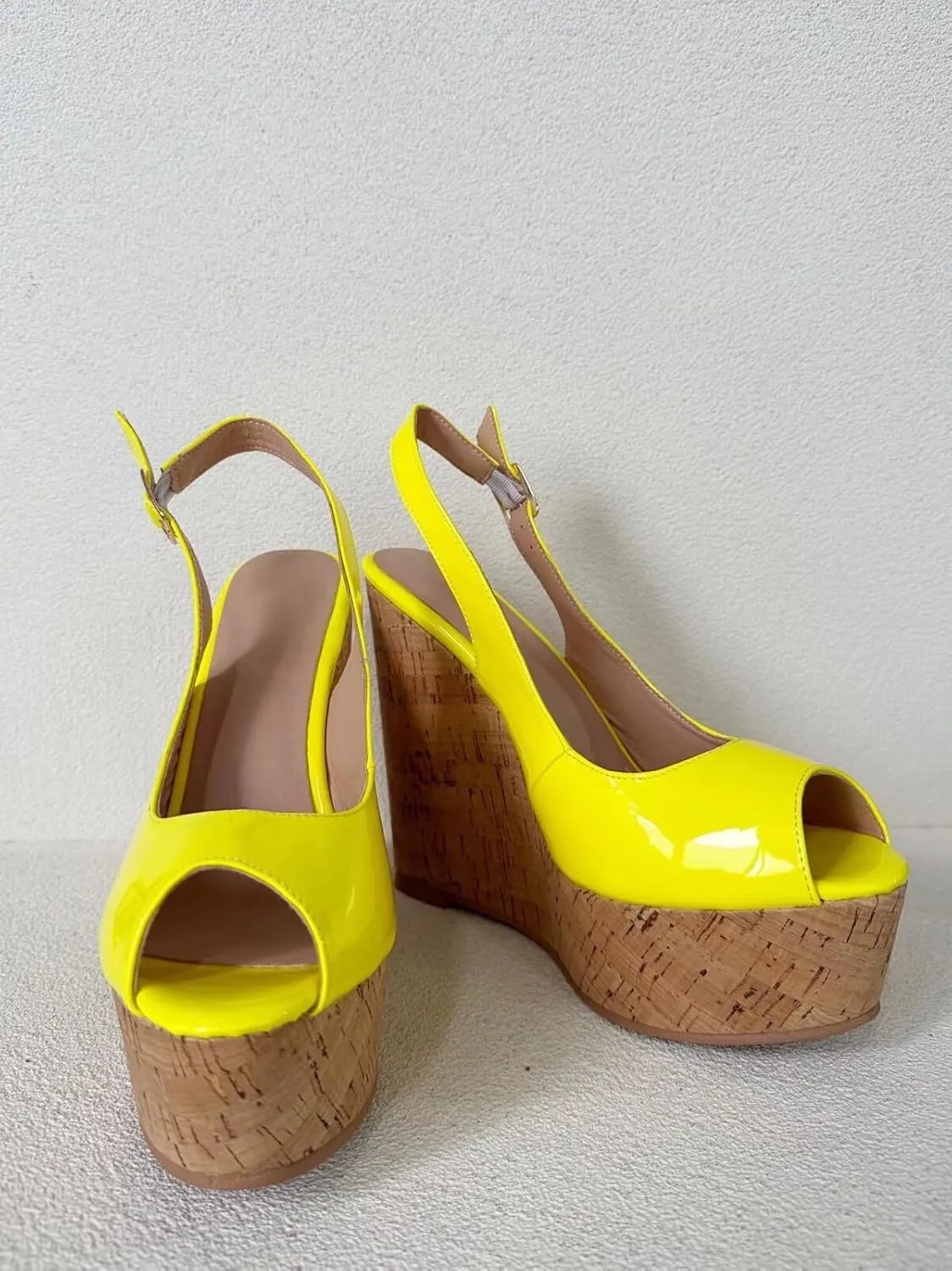 Frankie Hsu Ladies Sexy Platform Wedge Sandals, Yellow Patent Slingback High Heeled Oak, Large Big Size US5-19 Unisex Shoes For Women Men