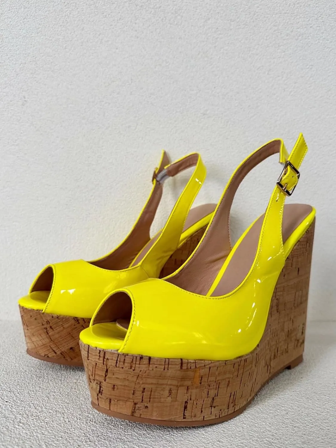 Frankie Hsu Ladies Sexy Platform Wedge Sandals, Yellow Patent Slingback High Heeled Oak, Large Big Size US5-19 Unisex Shoes For Women Men