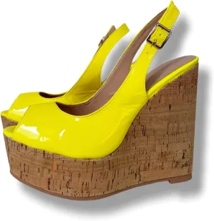 Frankie Hsu Ladies Sexy Platform Wedge Sandals, Yellow Patent Slingback High Heeled Oak, Large Big Size US5-19 Unisex Shoes For Women Men