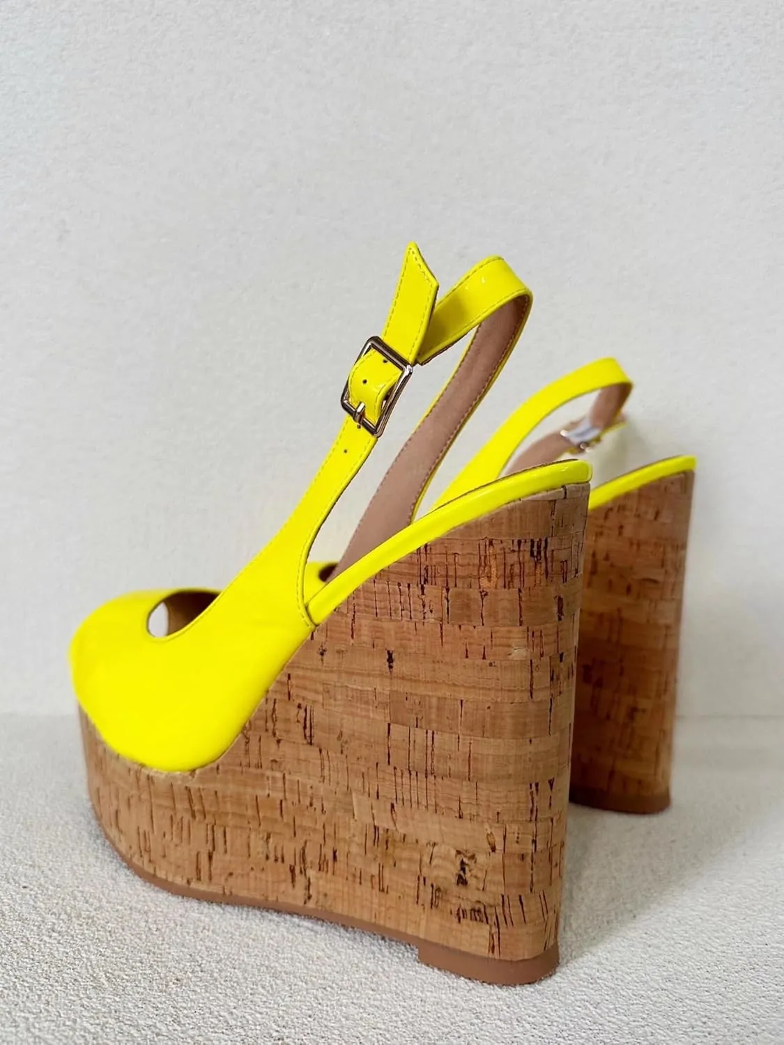 Frankie Hsu Ladies Sexy Platform Wedge Sandals, Yellow Patent Slingback High Heeled Oak, Large Big Size US5-19 Unisex Shoes For Women Men