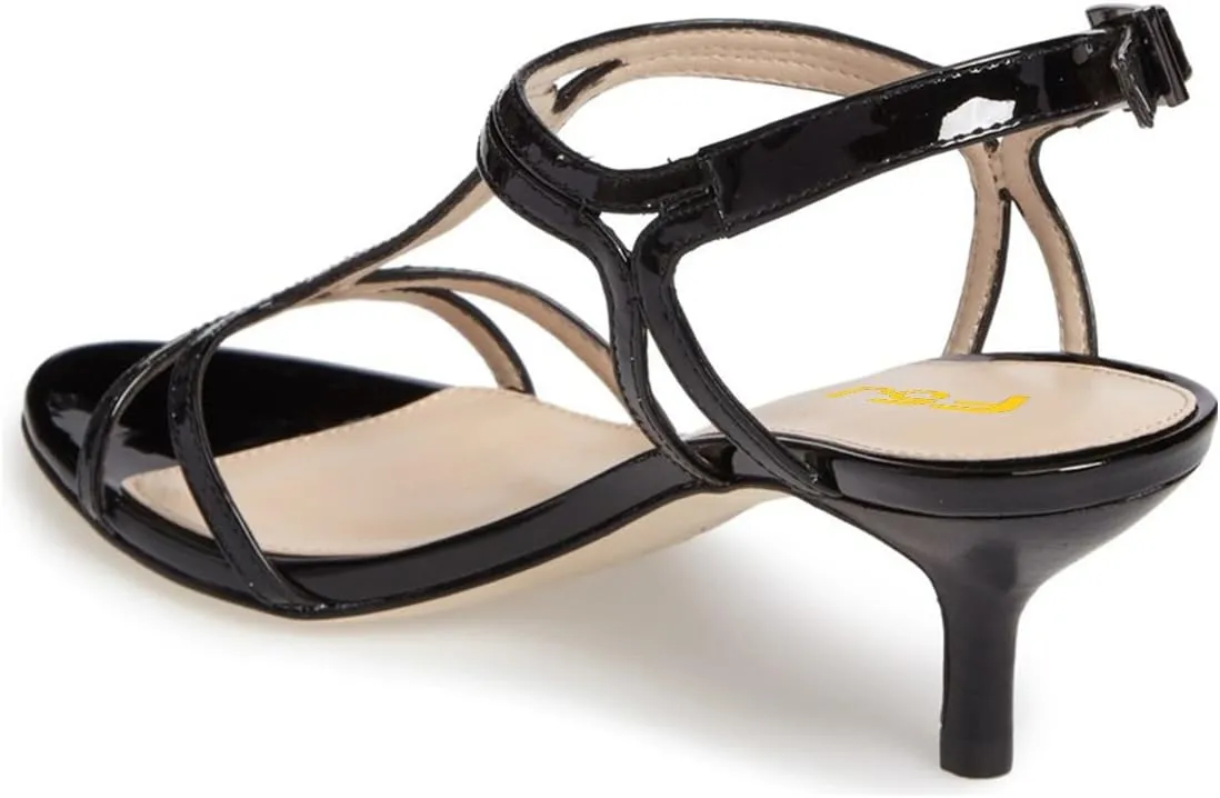 FSJ Women Casual T-Strap Sandal Open Toe Stacked Kitten Heel Strappy Rhinestone Shoe Size 4-15 US