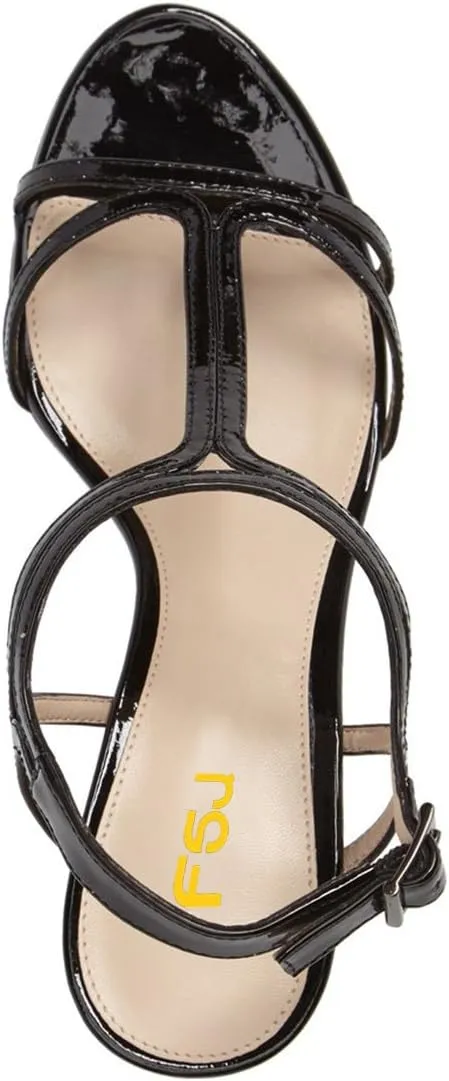 FSJ Women Casual T-Strap Sandal Open Toe Stacked Kitten Heel Strappy Rhinestone Shoe Size 4-15 US