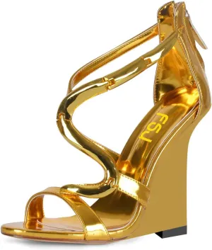 FSJ Women Open Toe Wedge Heel Sandals Metallic S Embellishment Back Zipper Strappy Party Prom Evening Shoes Size 4-16 US