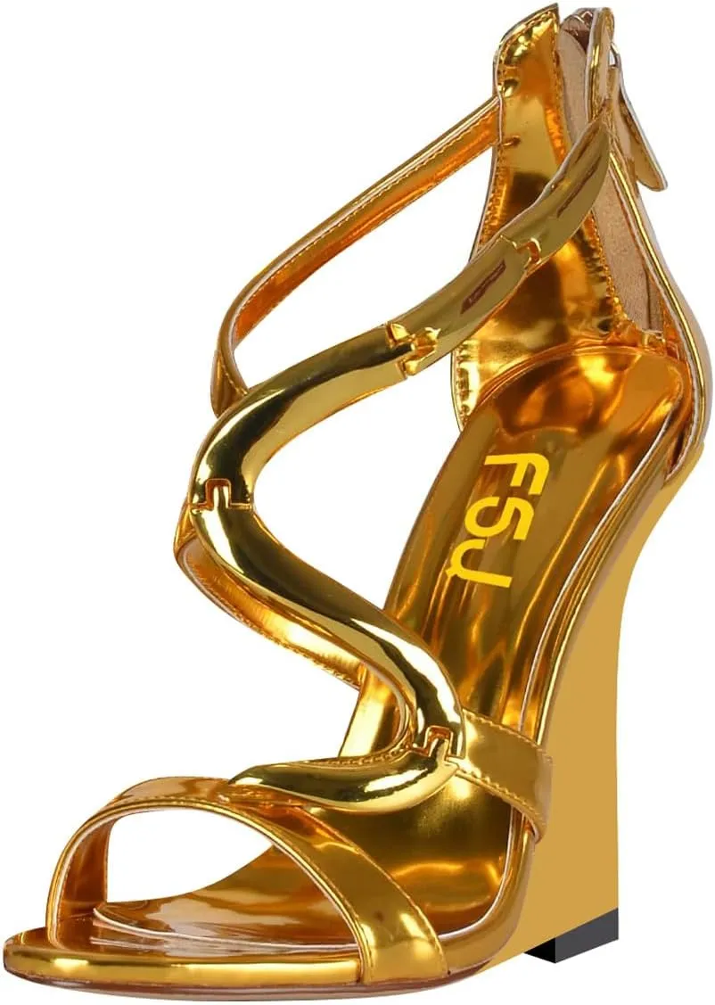 FSJ Women Open Toe Wedge Heel Sandals Metallic S Embellishment Back Zipper Strappy Party Prom Evening Shoes Size 4-16 US
