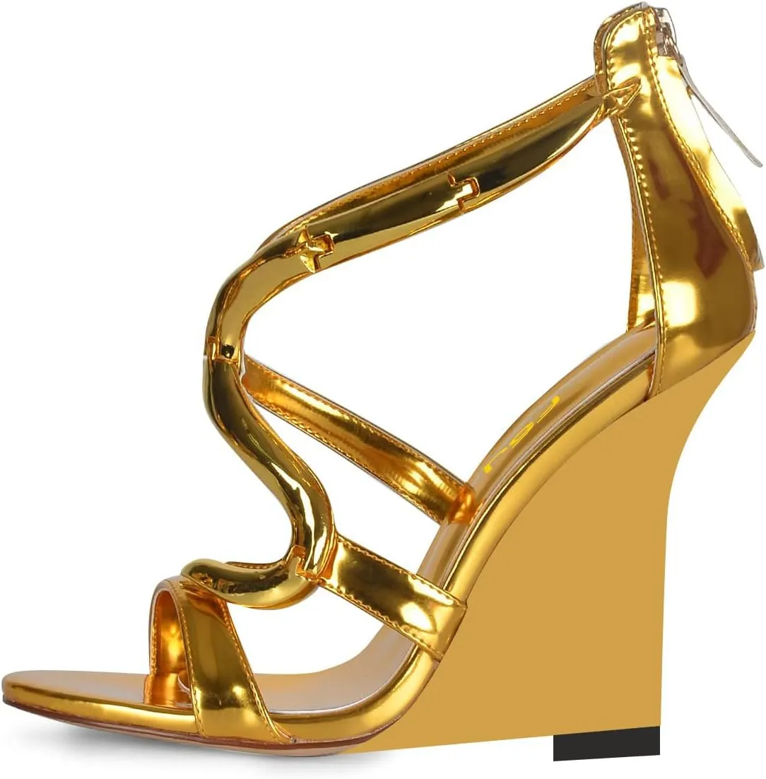 FSJ Women Open Toe Wedge Heel Sandals Metallic S Embellishment Back Zipper Strappy Party Prom Evening Shoes Size 4-16 US