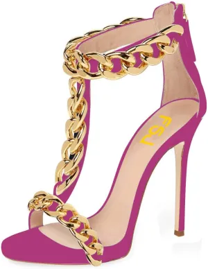 FSJ Women T-Straps High Heel Sandals Golden Chains Open Toe Ankle Straps Stilettos Pumps Back Zipper Wedding Party Homecomings Dress Summer Shoes Size 4-15 US