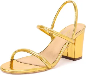 geluboao Heels for Women Classic Open Round Toe Three Straps Slip On Block Low Heel Sandals Strappy Ankle Strap Chunky Heeled Sandals Party Wedding Dress Shoes