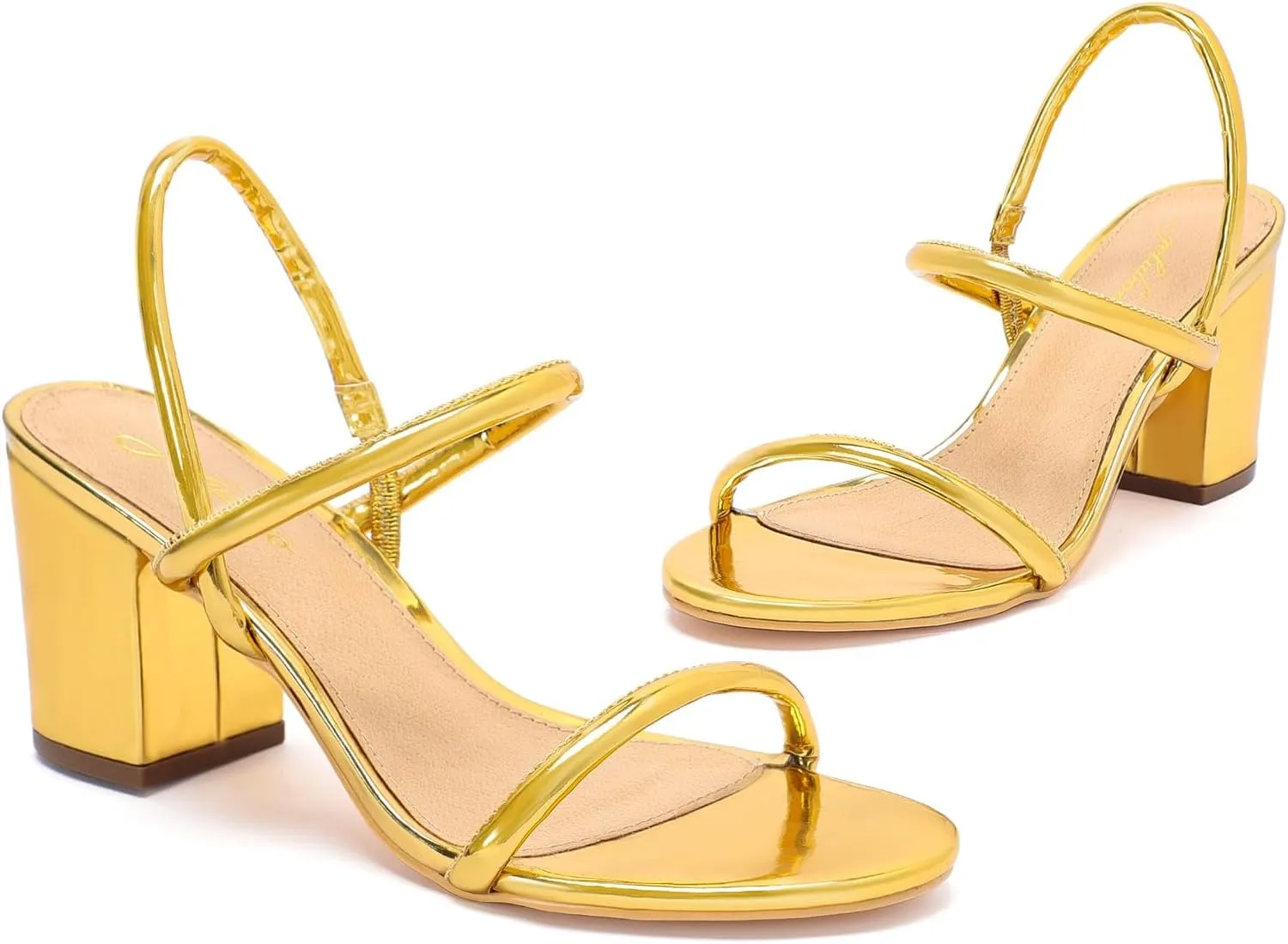 geluboao Heels for Women Classic Open Round Toe Three Straps Slip On Block Low Heel Sandals Strappy Ankle Strap Chunky Heeled Sandals Party Wedding Dress Shoes