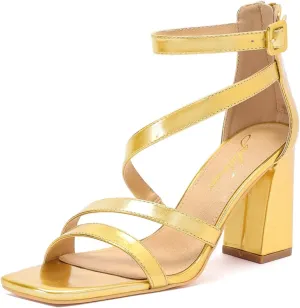 geluboao Heels for Womens Sexy Open Square Toe Strappy Chunky High Heels Sandals Ankle Strap Buckle Block Heeled Sandals