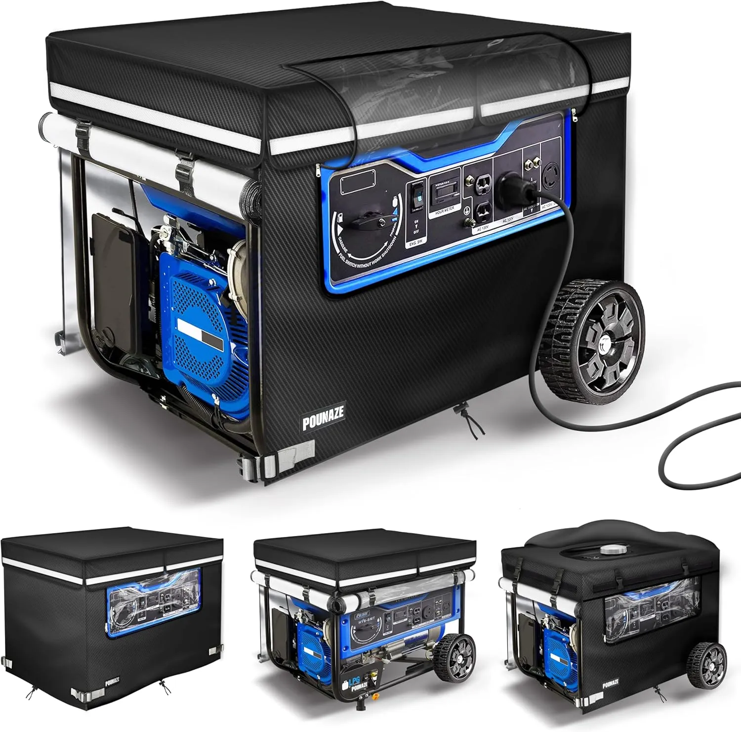 Generator Covers While Running. Generator Cover Measures 32''Lx24''Wx24''H. Double-layer Fabric. Side Access to Control Panel and Top Access to Add Fuel. Fits Most 5,000-15000 Watt Generators, Black.
