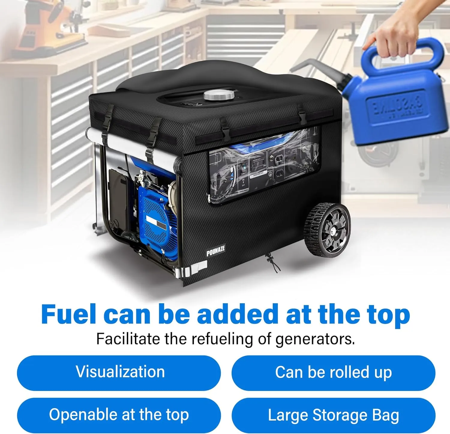 Generator Covers While Running. Generator Cover Measures 32''Lx24''Wx24''H. Double-layer Fabric. Side Access to Control Panel and Top Access to Add Fuel. Fits Most 5,000-15000 Watt Generators, Black.