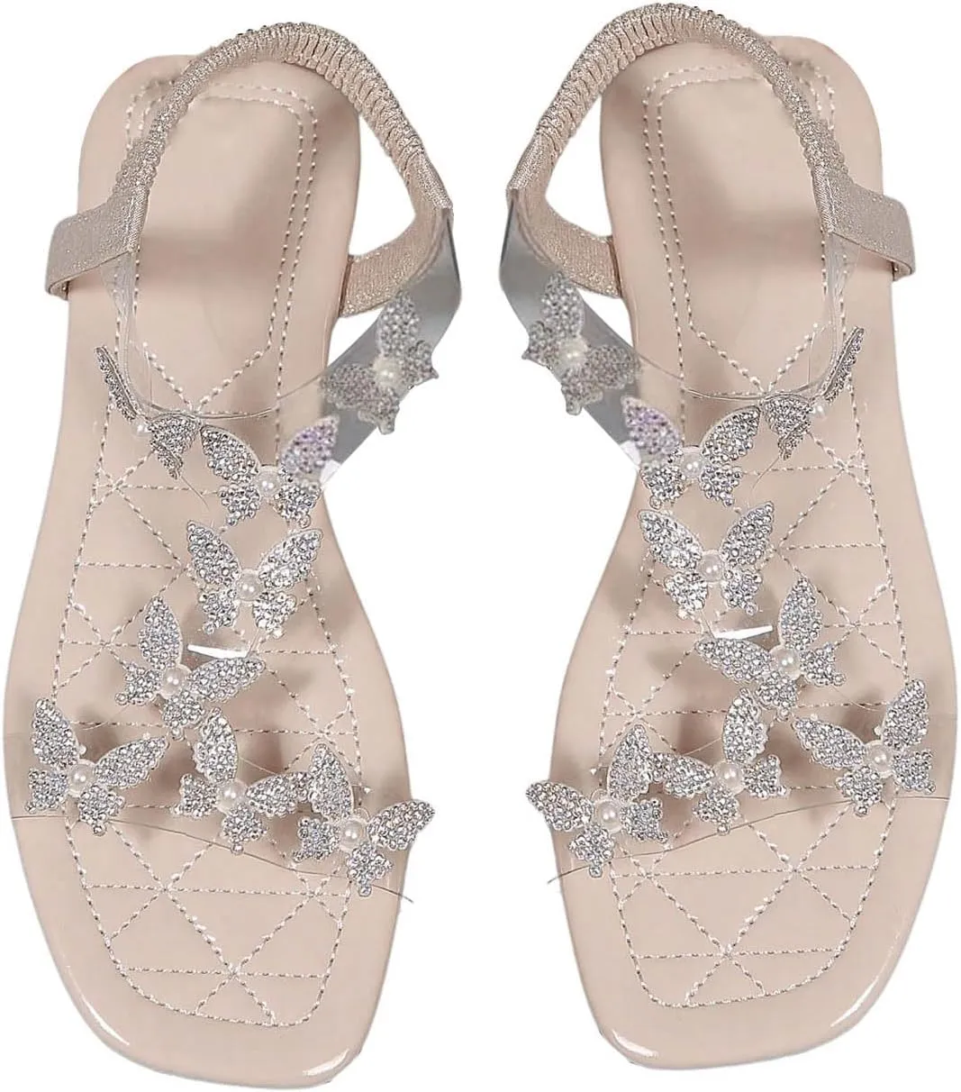 GORGLITTER Women's Butterfly Strappy Clear Glitter Ankle Sandals Dressy 2025 Cute Summer Wedding Bridal Flats Sandal
