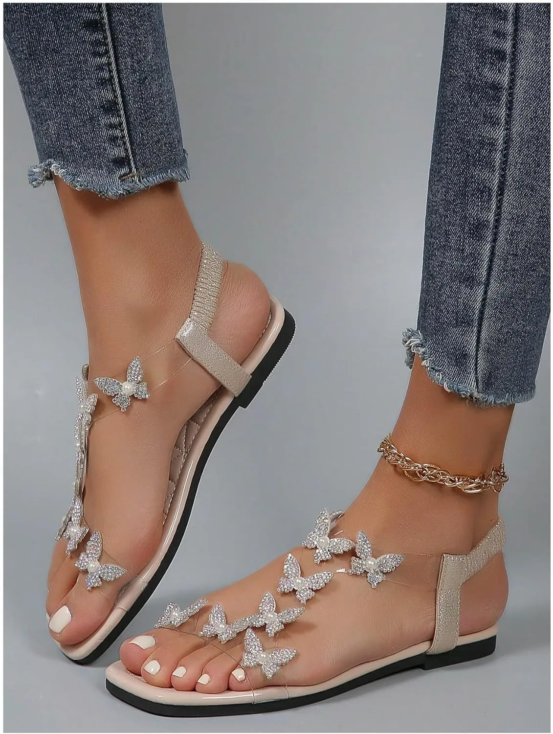 GORGLITTER Women's Butterfly Strappy Clear Glitter Ankle Sandals Dressy 2025 Cute Summer Wedding Bridal Flats Sandal