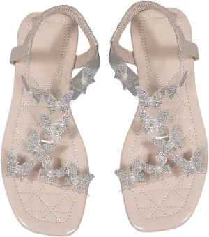 GORGLITTER Women's Butterfly Strappy Clear Glitter Ankle Sandals Dressy 2025 Cute Summer Wedding Bridal Flats Sandal