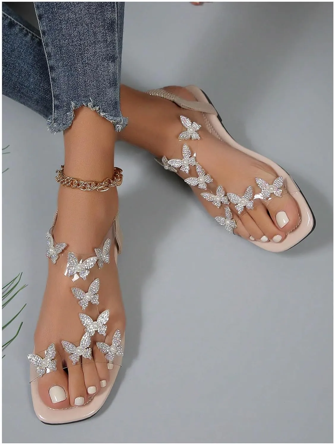 GORGLITTER Women's Butterfly Strappy Clear Glitter Ankle Sandals Dressy 2025 Cute Summer Wedding Bridal Flats Sandal