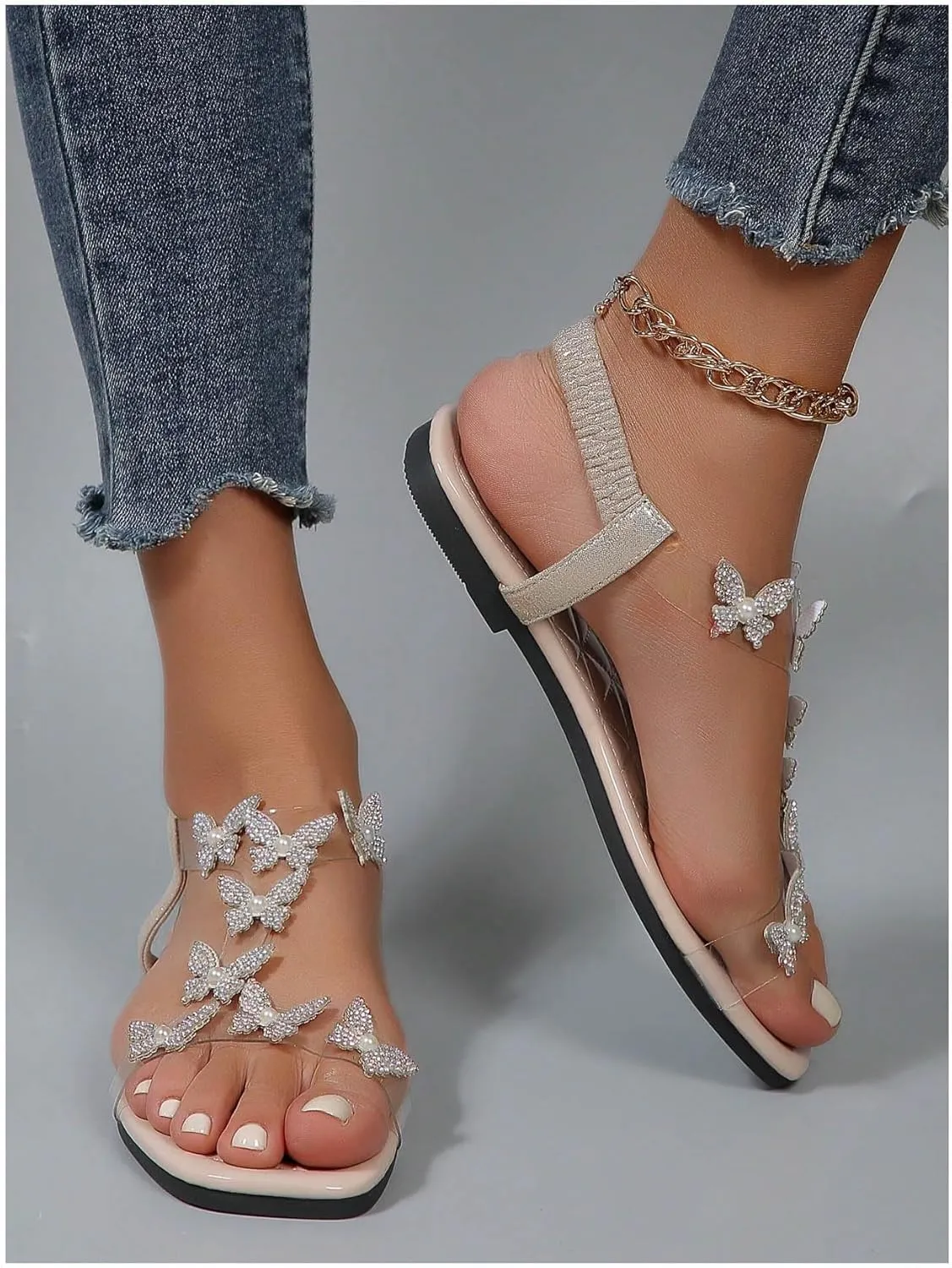 GORGLITTER Women's Butterfly Strappy Clear Glitter Ankle Sandals Dressy 2025 Cute Summer Wedding Bridal Flats Sandal