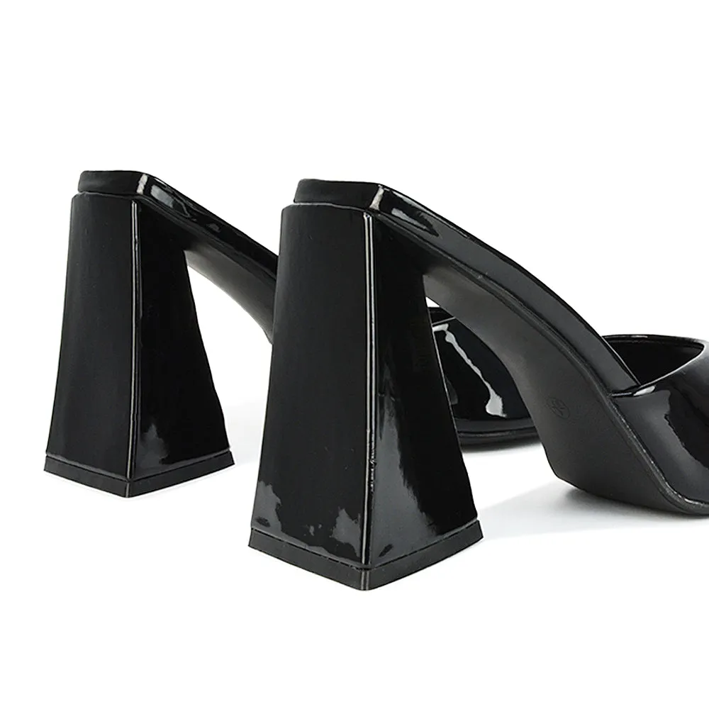 Gracia Square Peep Toe Sculptured Flared Block Heeled Mules in Green Patent