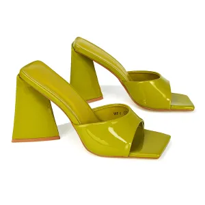 Gracia Square Peep Toe Sculptured Flared Block Heeled Mules in Green Patent