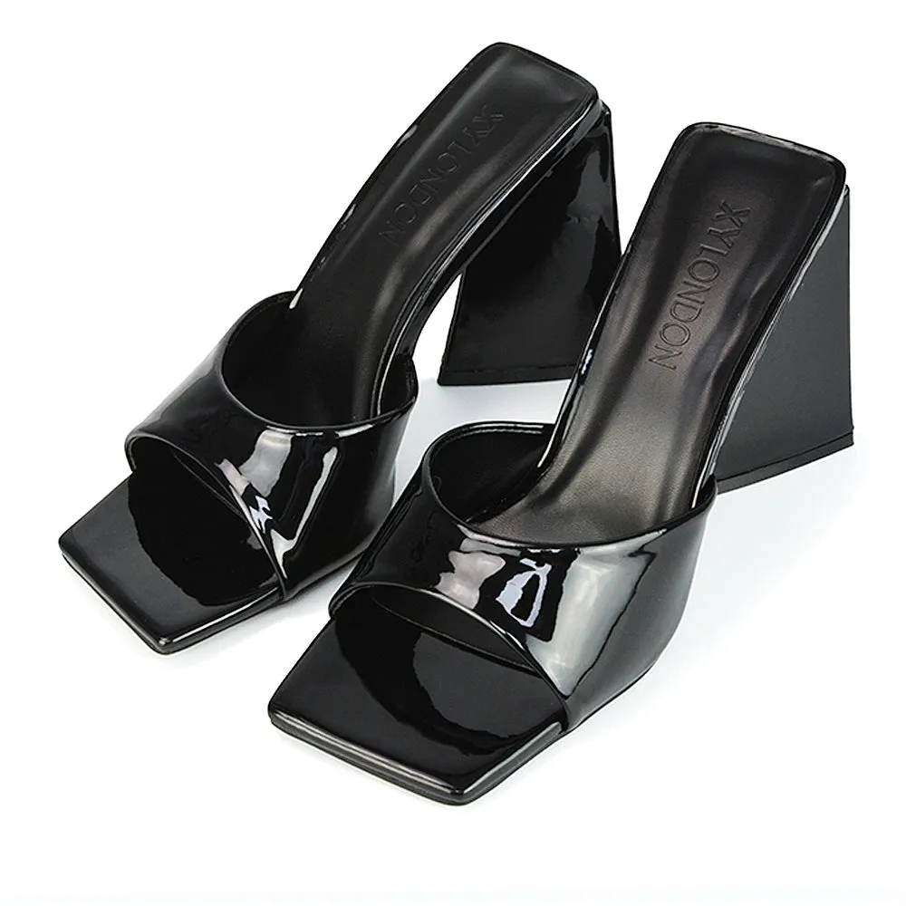 Gracia Square Peep Toe Sculptured Flared Block Heeled Mules in Green Patent