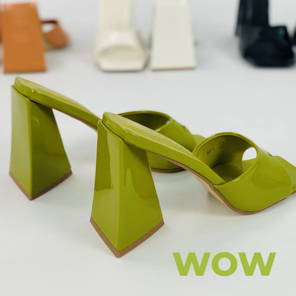 Gracia Square Peep Toe Sculptured Flared Block Heeled Mules in Green Patent