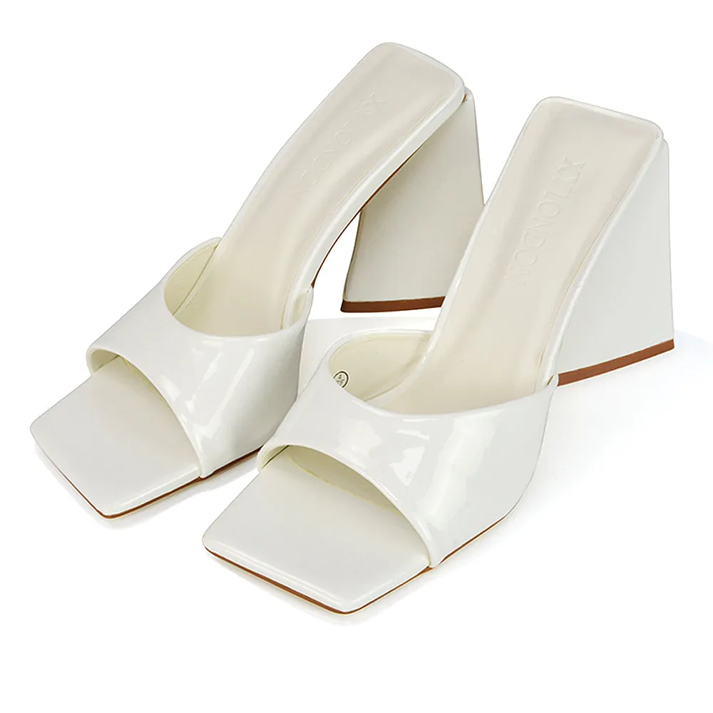 Gracia Square Peep Toe Sculptured Flared Block Heeled Mules in Green Patent