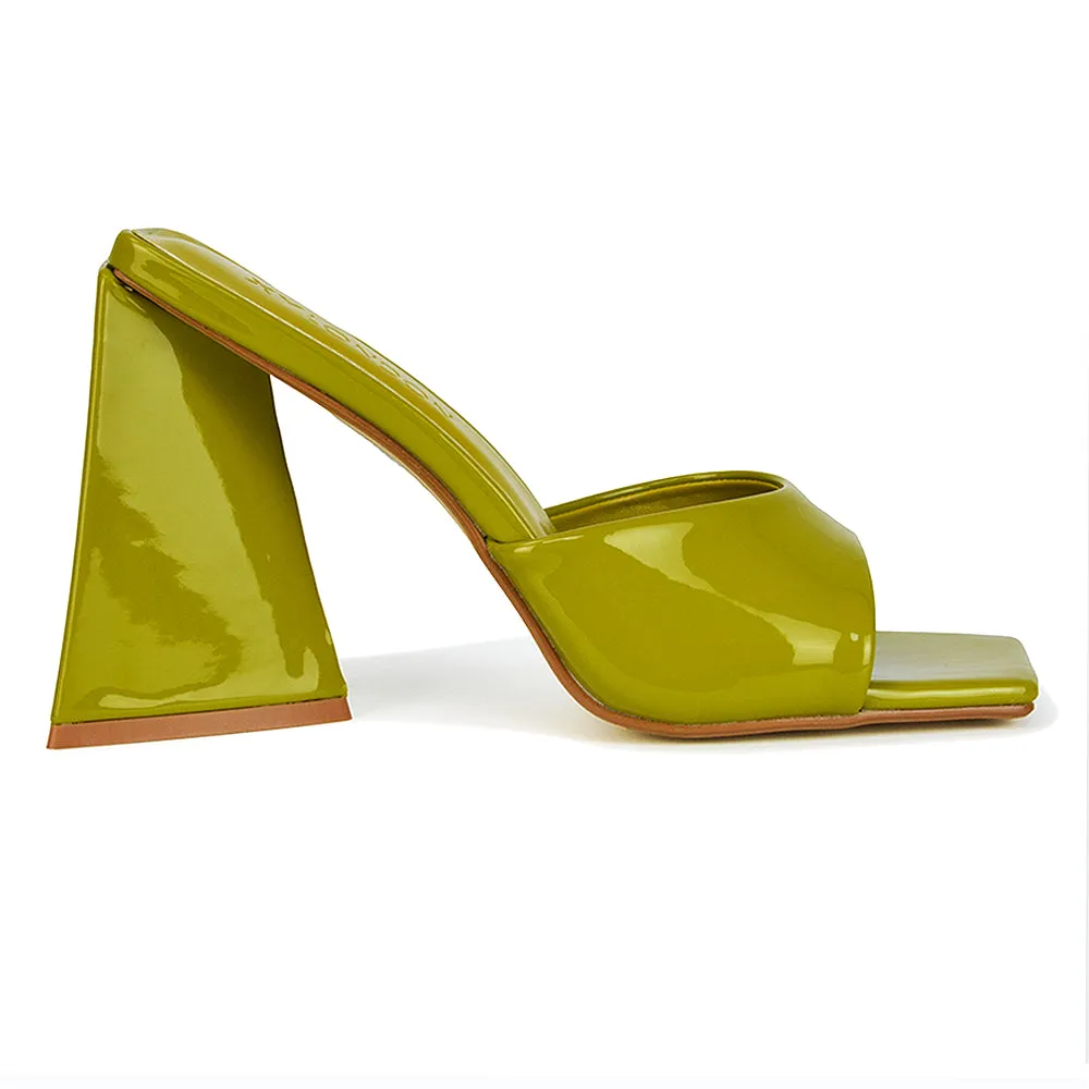 Gracia Square Peep Toe Sculptured Flared Block Heeled Mules in Green Patent