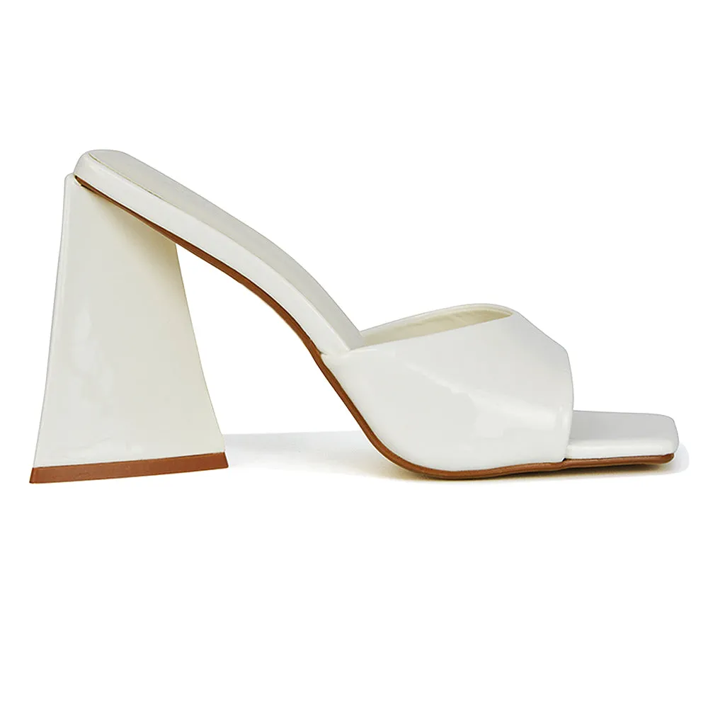 Gracia Square Peep Toe Sculptured Flared Block Heeled Mules in Green Patent