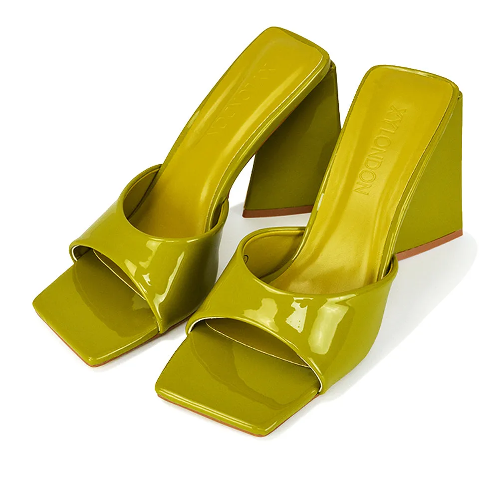 Gracia Square Peep Toe Sculptured Flared Block Heeled Mules in Green Patent