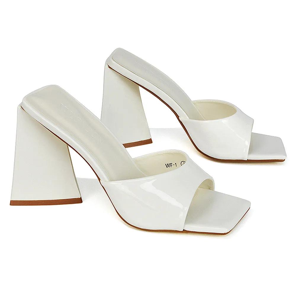 Gracia Square Peep Toe Sculptured Flared Block Heeled Mules in Green Patent