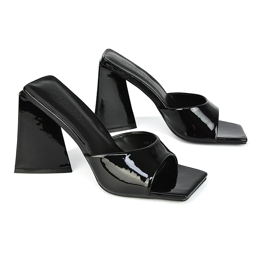 Gracia Square Peep Toe Sculptured Flared Block Heeled Mules in Green Patent