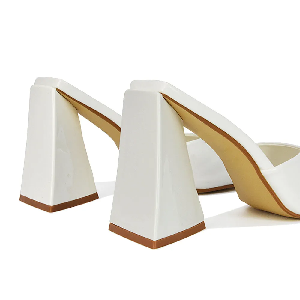 Gracia Square Peep Toe Sculptured Flared Block Heeled Mules in Green Patent