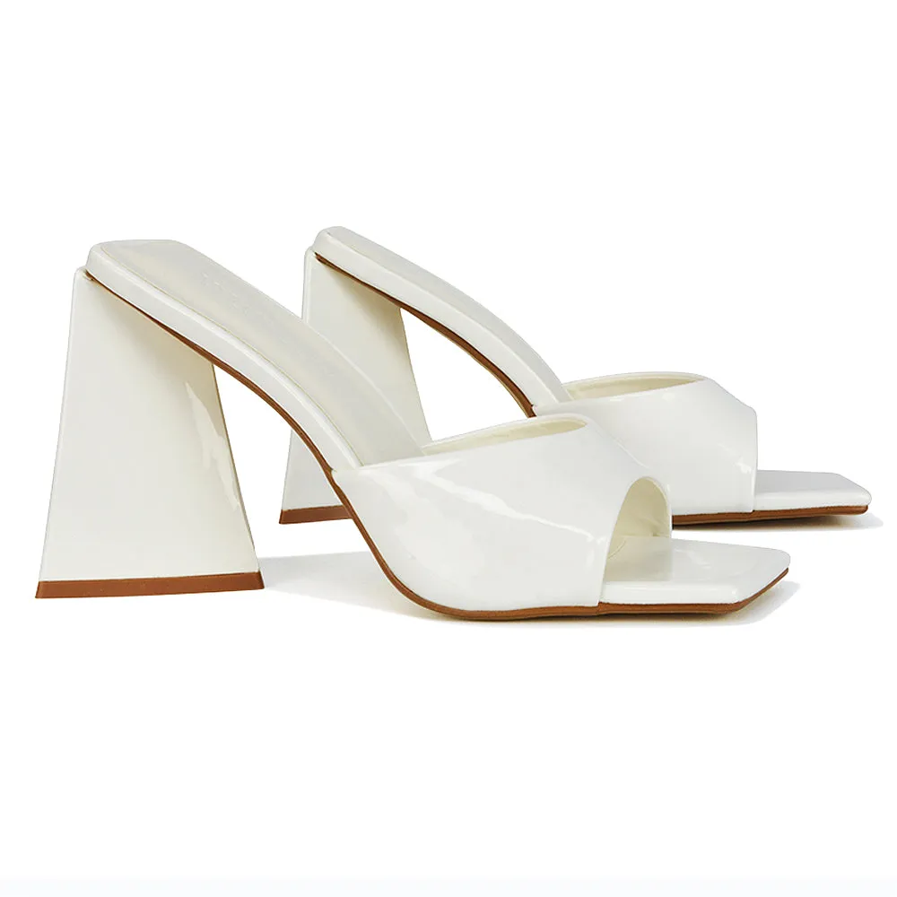 Gracia Square Peep Toe Sculptured Flared Block Heeled Mules in Green Patent