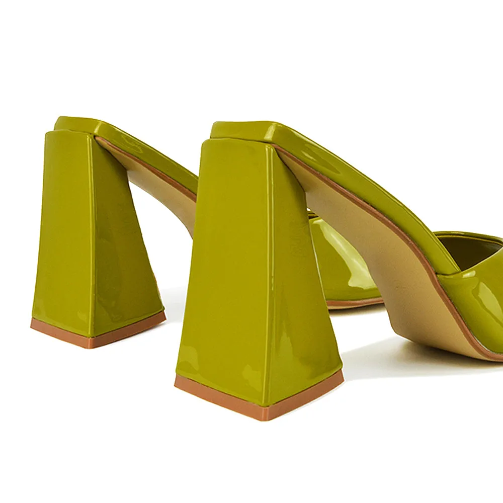 Gracia Square Peep Toe Sculptured Flared Block Heeled Mules in Green Patent