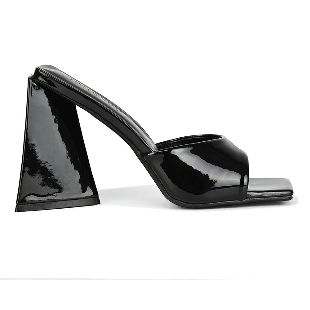 Gracia Square Peep Toe Sculptured Flared Block Heeled Mules in Green Patent
