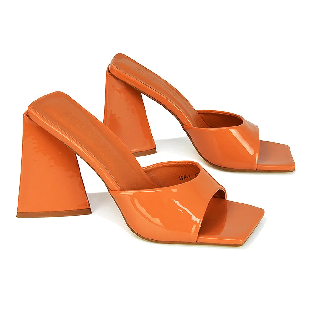 Gracia Square Peep Toe Sculptured Flared Block Heeled Mules in Green Patent