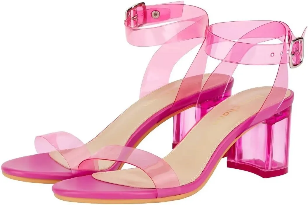 Heels Charm Women's Strappy Clear Chunky Clear Block Low Heeled Sandals 2 Inches Open Toe Ankle Strap High Heel Dress Sandals Daily Work Party Sandal Shoes