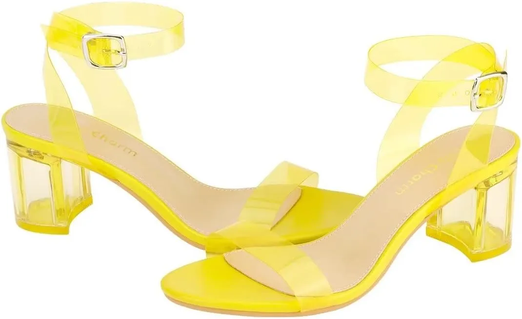 Heels Charm Women's Strappy Clear Chunky Clear Block Low Heeled Sandals 2 Inches Open Toe Ankle Strap High Heel Dress Sandals Daily Work Party Sandal Shoes