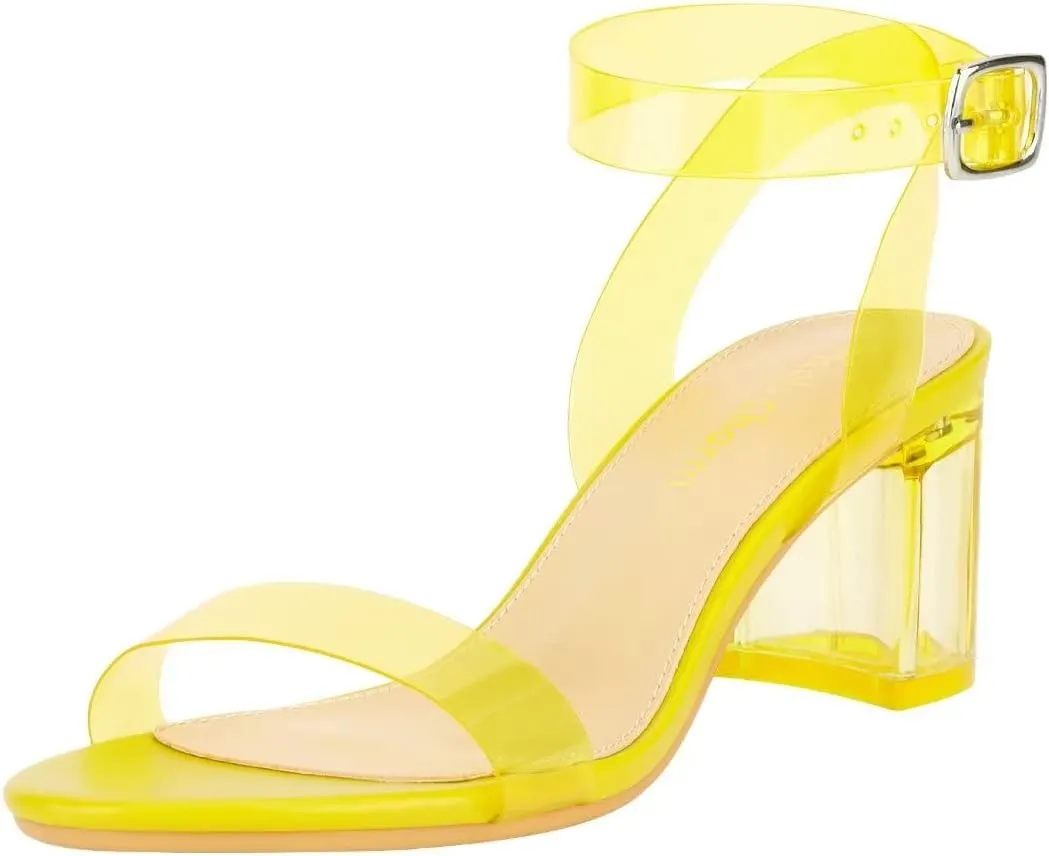 Heels Charm Women's Strappy Clear Chunky Clear Block Low Heeled Sandals 2 Inches Open Toe Ankle Strap High Heel Dress Sandals Daily Work Party Sandal Shoes