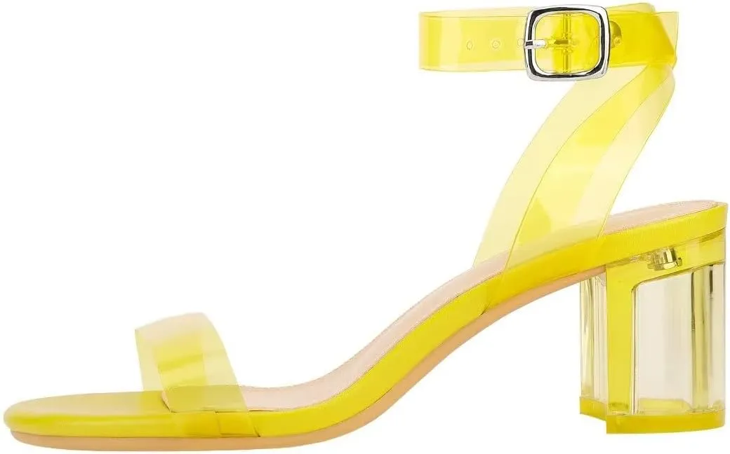 Heels Charm Women's Strappy Clear Chunky Clear Block Low Heeled Sandals 2 Inches Open Toe Ankle Strap High Heel Dress Sandals Daily Work Party Sandal Shoes
