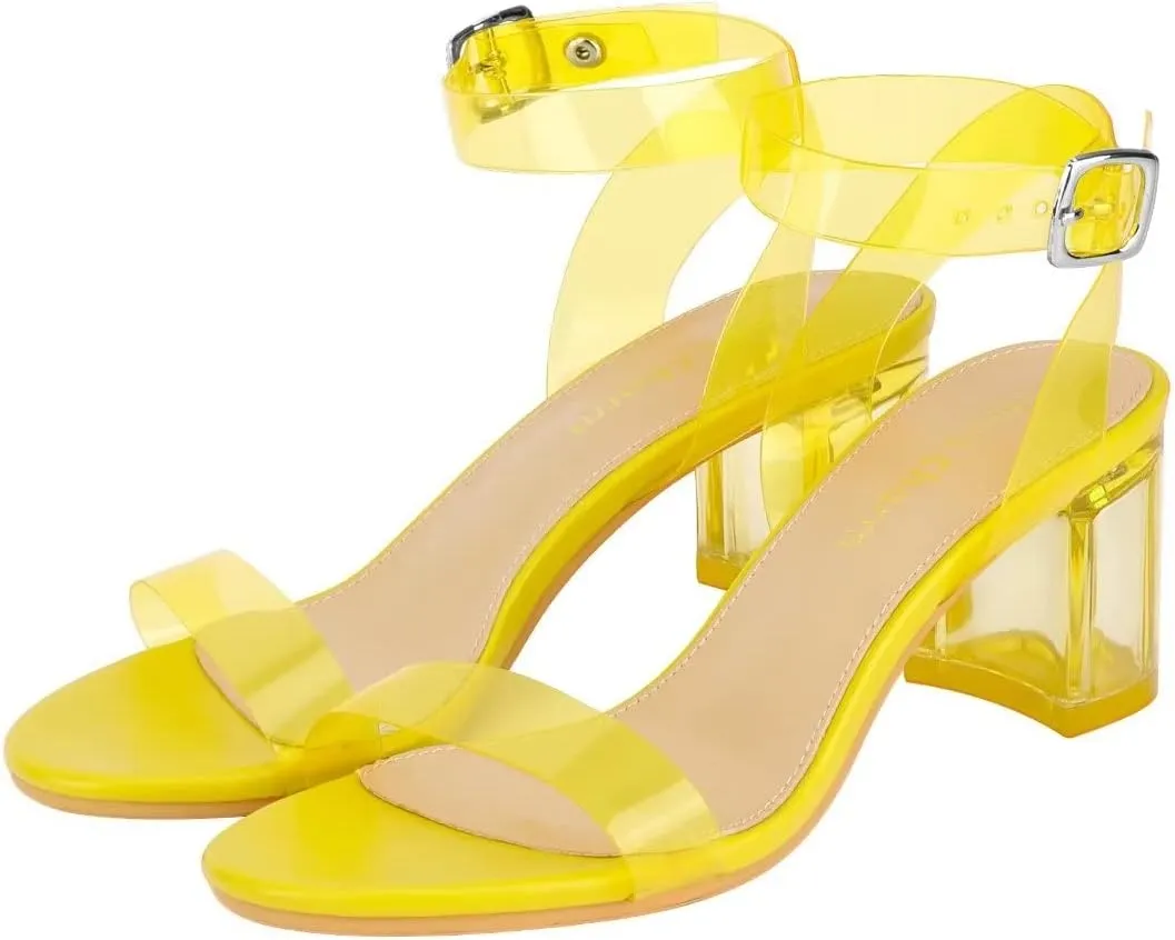 Heels Charm Women's Strappy Clear Chunky Clear Block Low Heeled Sandals 2 Inches Open Toe Ankle Strap High Heel Dress Sandals Daily Work Party Sandal Shoes
