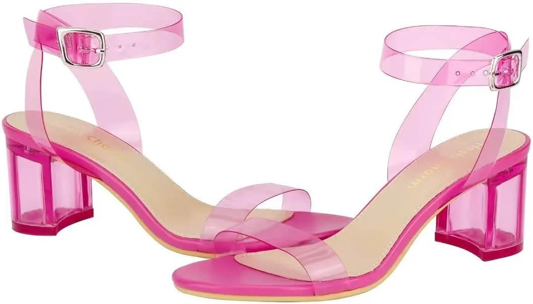 Heels Charm Women's Strappy Clear Chunky Clear Block Low Heeled Sandals 2 Inches Open Toe Ankle Strap High Heel Dress Sandals Daily Work Party Sandal Shoes