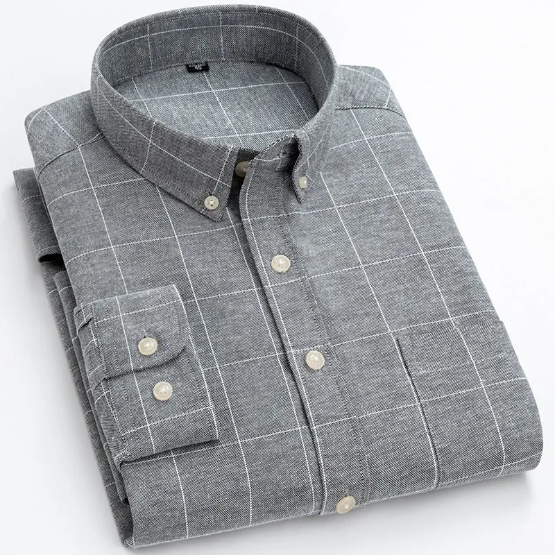 INSTOCK-Men’s Long-Sleeved Striped Plaid Oxford Shirt – Casual
